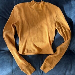 TNA Aritzia Mustard Yellow Long Sleeve Waffle Mock Neck Crop Top XS